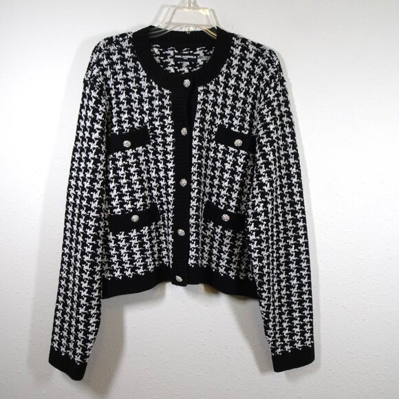 Karl Lagerfeld Cardigan Women's Size XL Black White Herringbone Cropped Classic - Picture 3 of 13